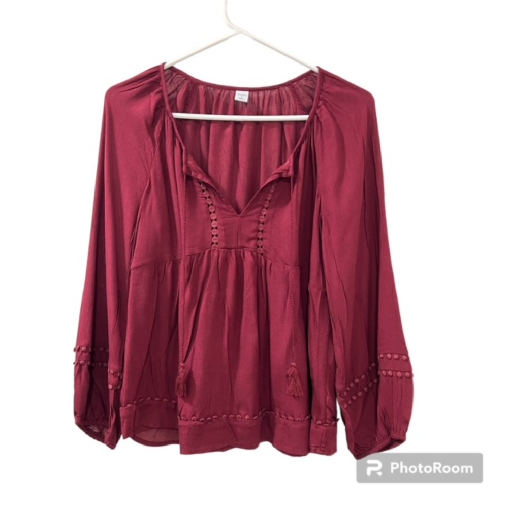 Old Navy Womens Maroon Tassel Tie Flowy Long Sleeves Peasant Blouse Size Small